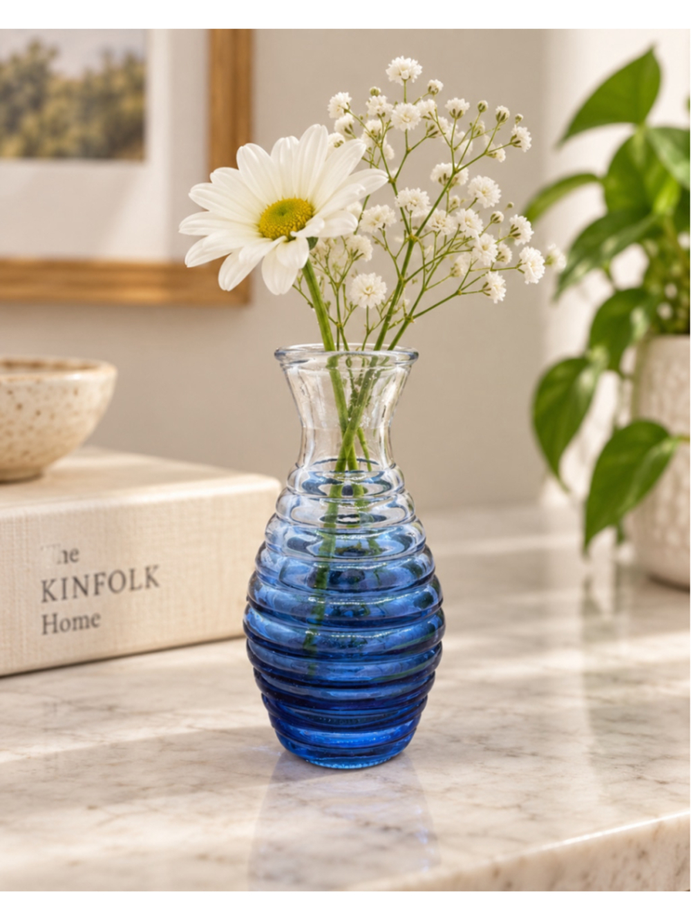 Vintage Small Blue Ribbed Art Glass Bud Vase Clear Ombre Small 4.5”